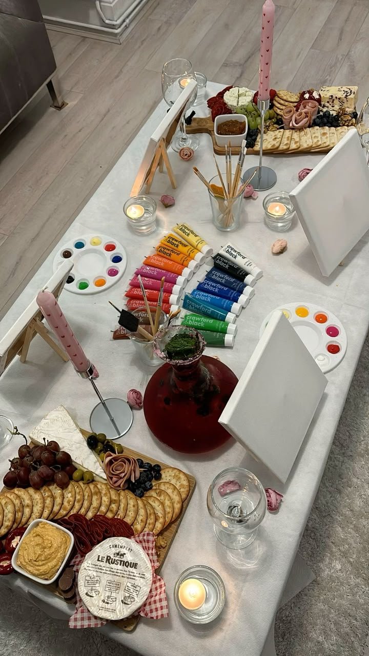 Grazing table set for a sip and paint evening